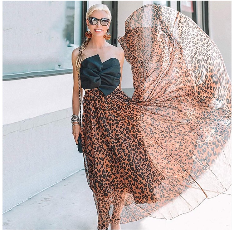 Elastic Leopard Print Maxi Skirt High Waisted